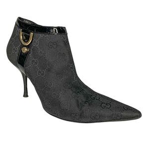 Gucci Monogram Double G D-Ring Canvas Ankle Booties US 7 Black Supreme Heels
